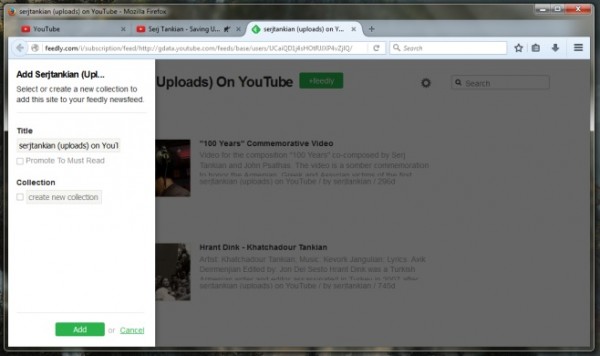 اضافه‌کردن اشتراک کانال یوتیوب به فیدلی از نوار بار فایرفاکس