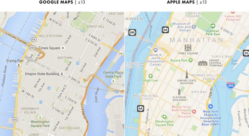 نقشه گوگل از نظر جزییات و نواحی تحت پوشش از نقشه اپل جلوتر است