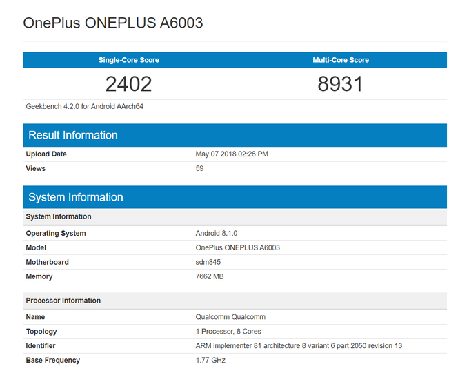 oneplus-6-geekbench-listing وان‌پلاس 6 با تراشه اسنپ‌دراگون 845 و 8 گیگابایت رم در گیک‌بنچ ظاهر شد  