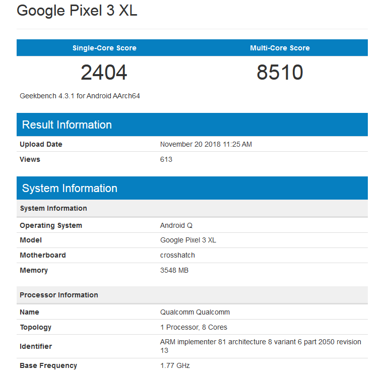 Google-Pixel-3-XL گوگل پیکسل 3 ایکس ال با اندروید 10 (اندروید Q) در گیک‌بنچ رویت شد!  