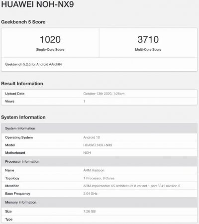 Huawei Mate 40 Pro on Geekbench