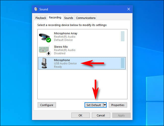 Select the default microphone in Windows 10