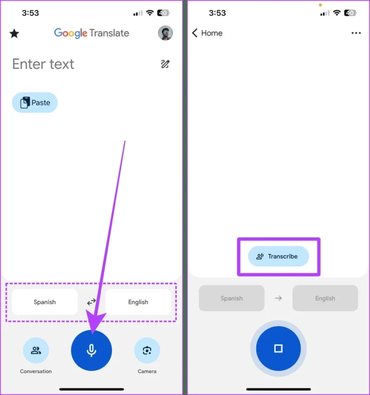 Access Transcribe Feature in Google Translate App iPhone result