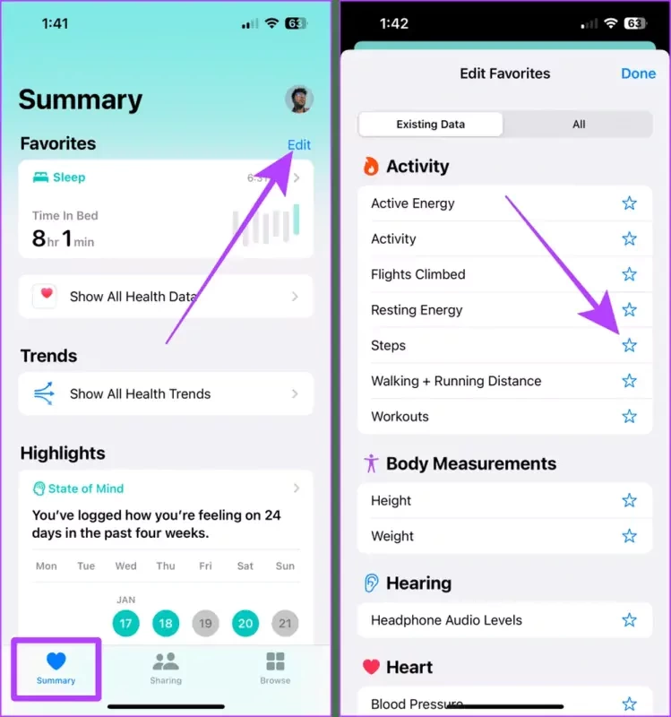 Add Steps to Favorites in Apple Health result
