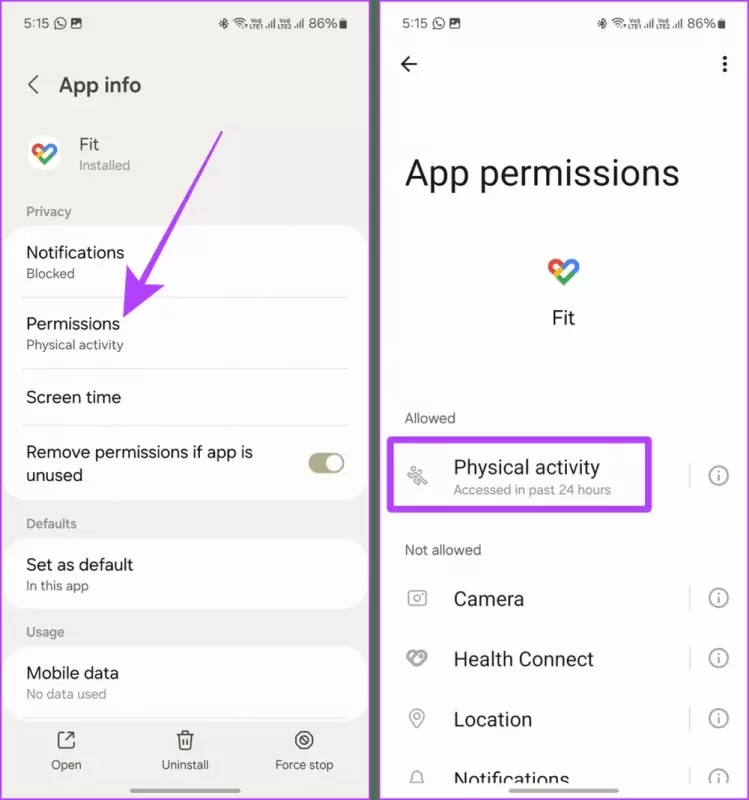 Google Fit Permissions Settings Samsung Galaxy result
