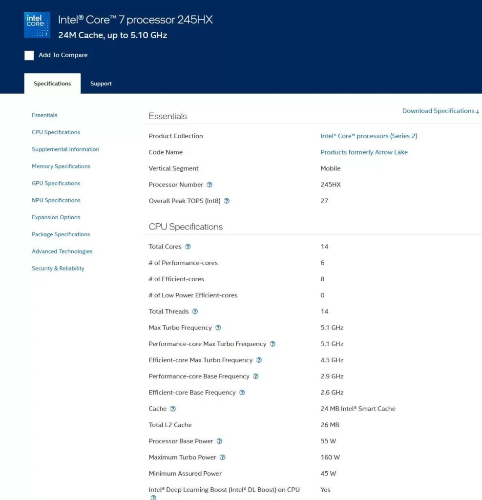 پردازنده Core 7 245HX اینتل